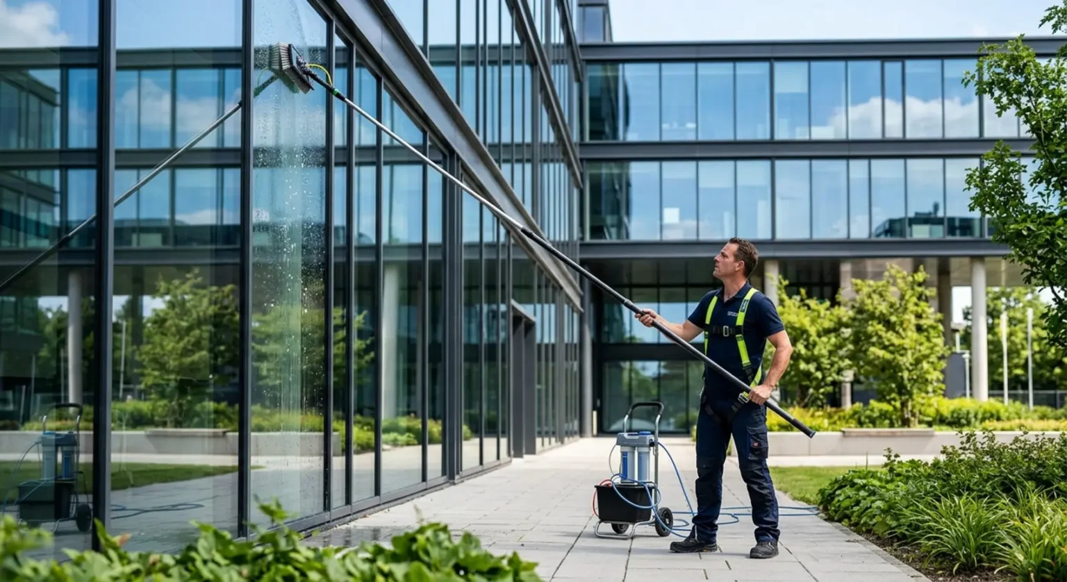 Een professional reinigt de ramen van een kantoorpand veilig vanaf de grond door middel van glasbewassing met osmose techniek.