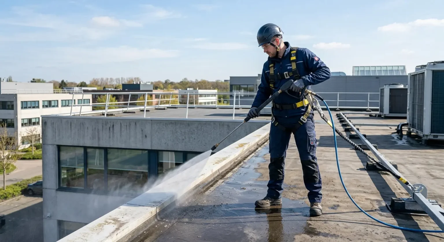 Een professionele medewerker is veilig bezig met daken reinigen om mos en algen effectief te verwijderen.