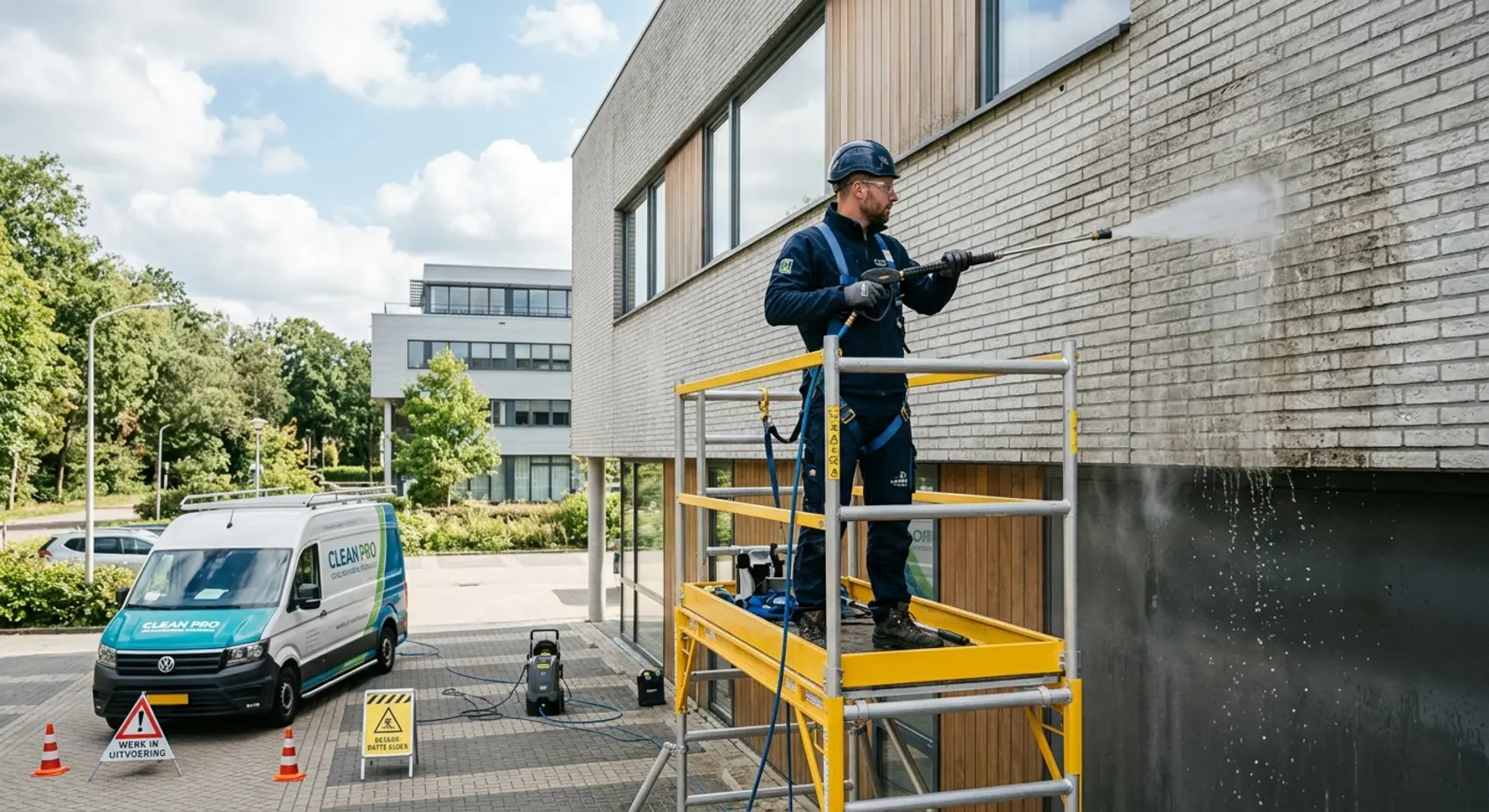 Een ervaren vakman van Schoonmaakbedrijf De Toekomst past de Softwash reiniging methode veilig toe op de gevel van een bedrijfspand.
