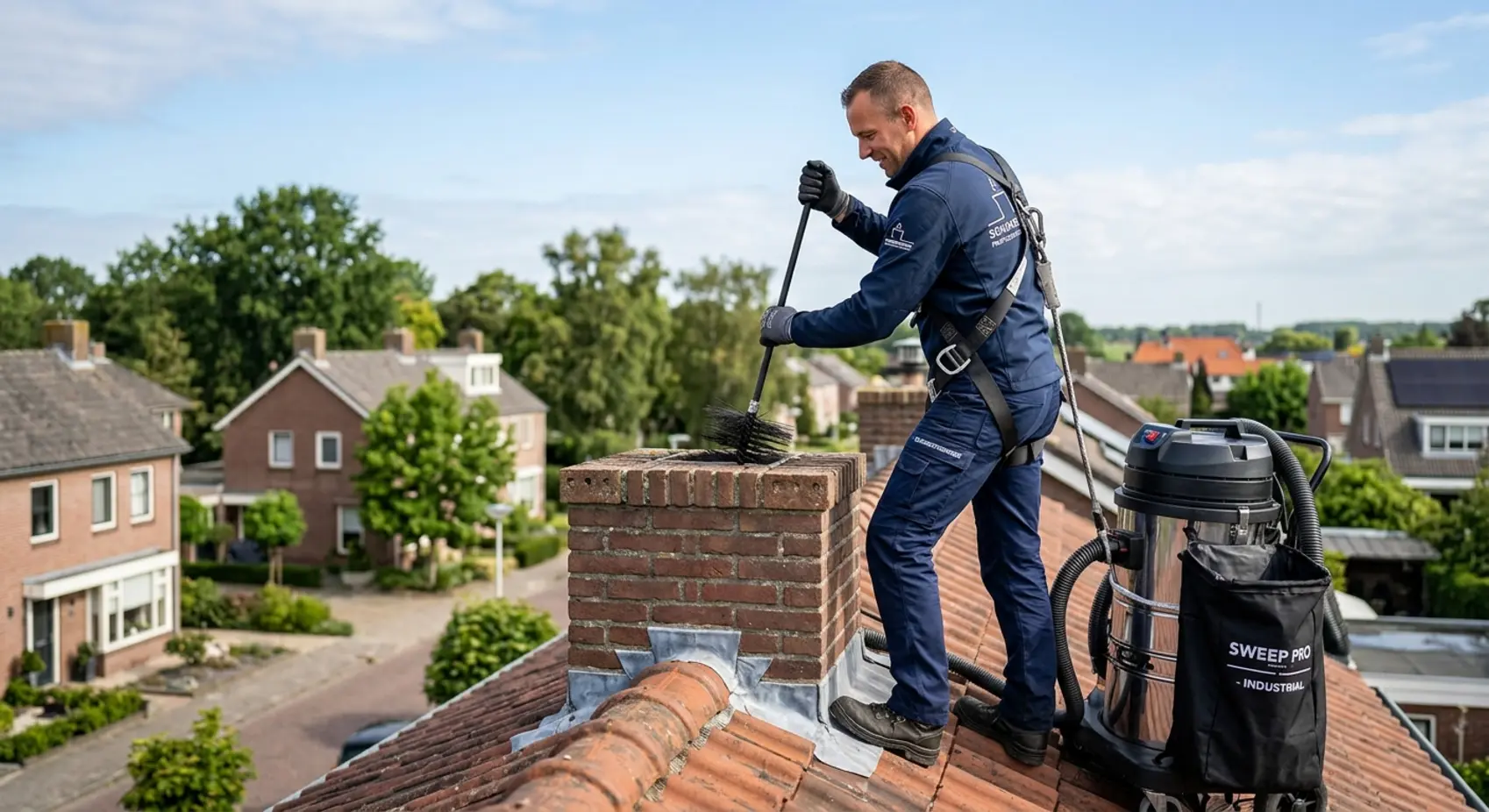 Een vakkundige specialist voert schoorsteenvegen uit op het dak van een pand voor optimale veiligheid.