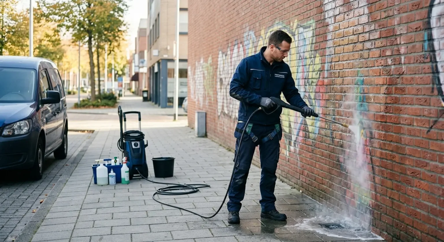 Een vakspecialist van Schoonmaakbedrijf De Toekomst is veilig graffiti verwijderen van een bakstenen gevel met een stoomreiniger.