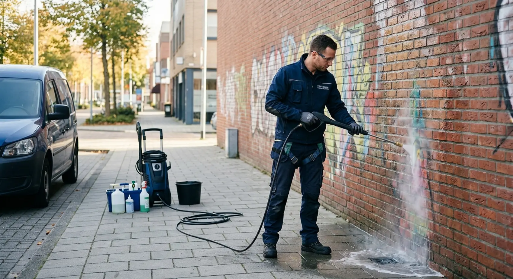 Een vakspecialist van Schoonmaakbedrijf De Toekomst is veilig graffiti verwijderen van een bakstenen gevel met een stoomreiniger.