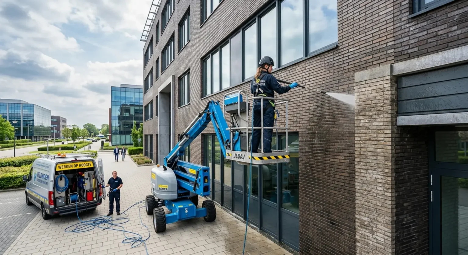 Een vakkundige medewerker is veilig en professioneel gevels reinigen om vuil en mossen van een bedrijfspand te verwijderen.