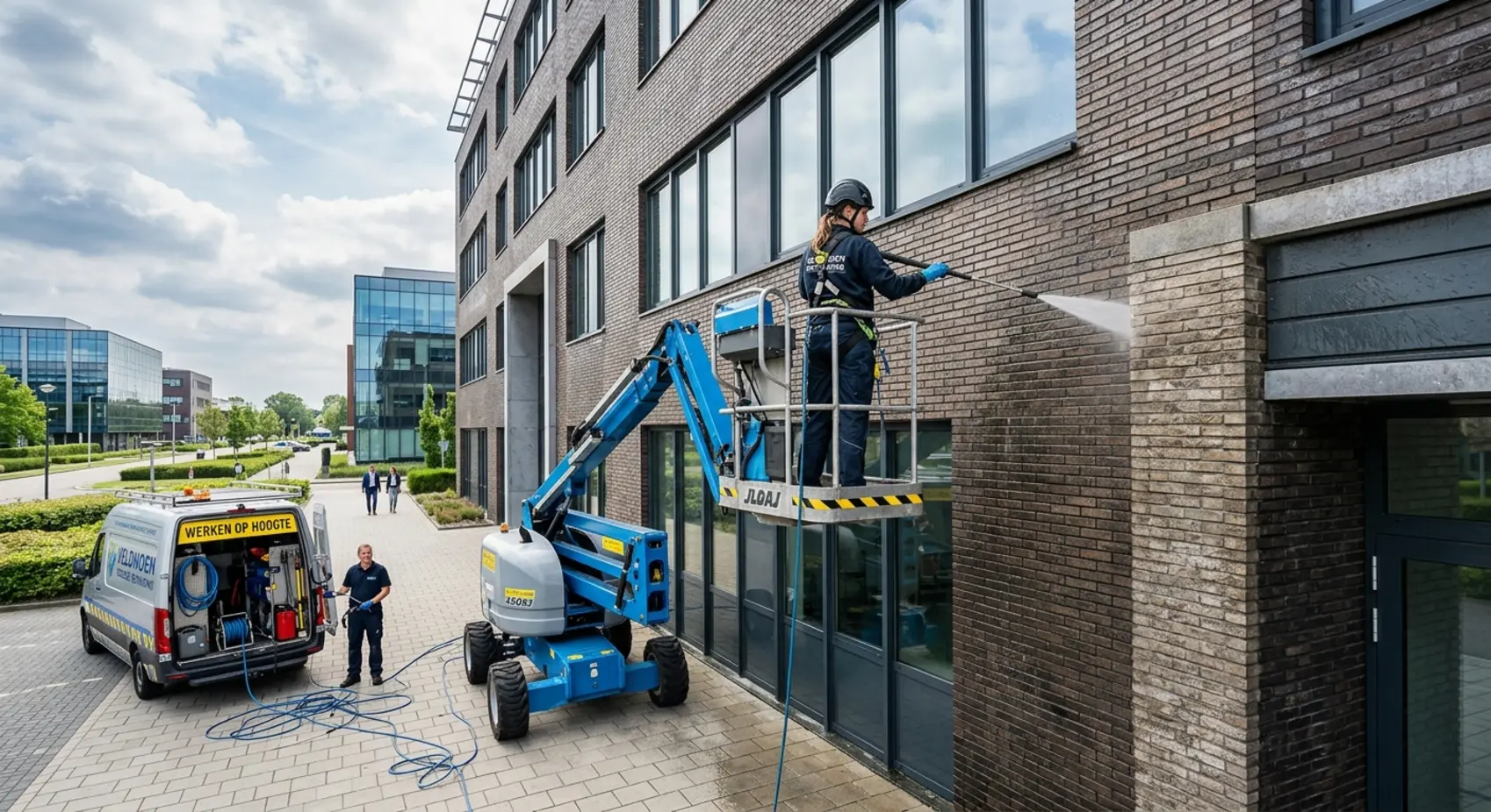 Een vakkundige medewerker is veilig en professioneel gevels reinigen om vuil en mossen van een bedrijfspand te verwijderen.