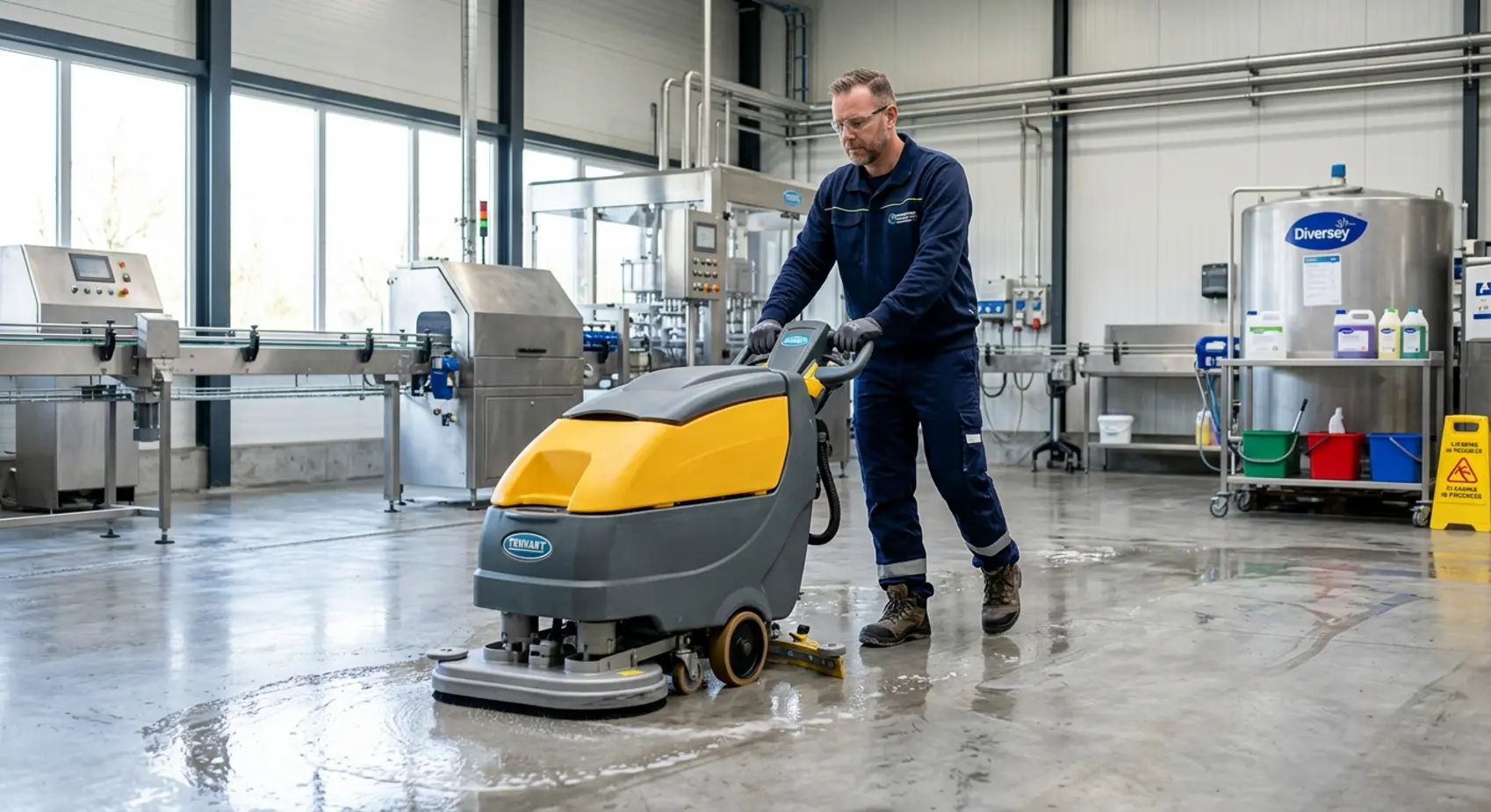 Een professional van Schoonmaakbedrijf De Toekomst voert grondige industriële schoonmaak uit in een grote fabriekshal.