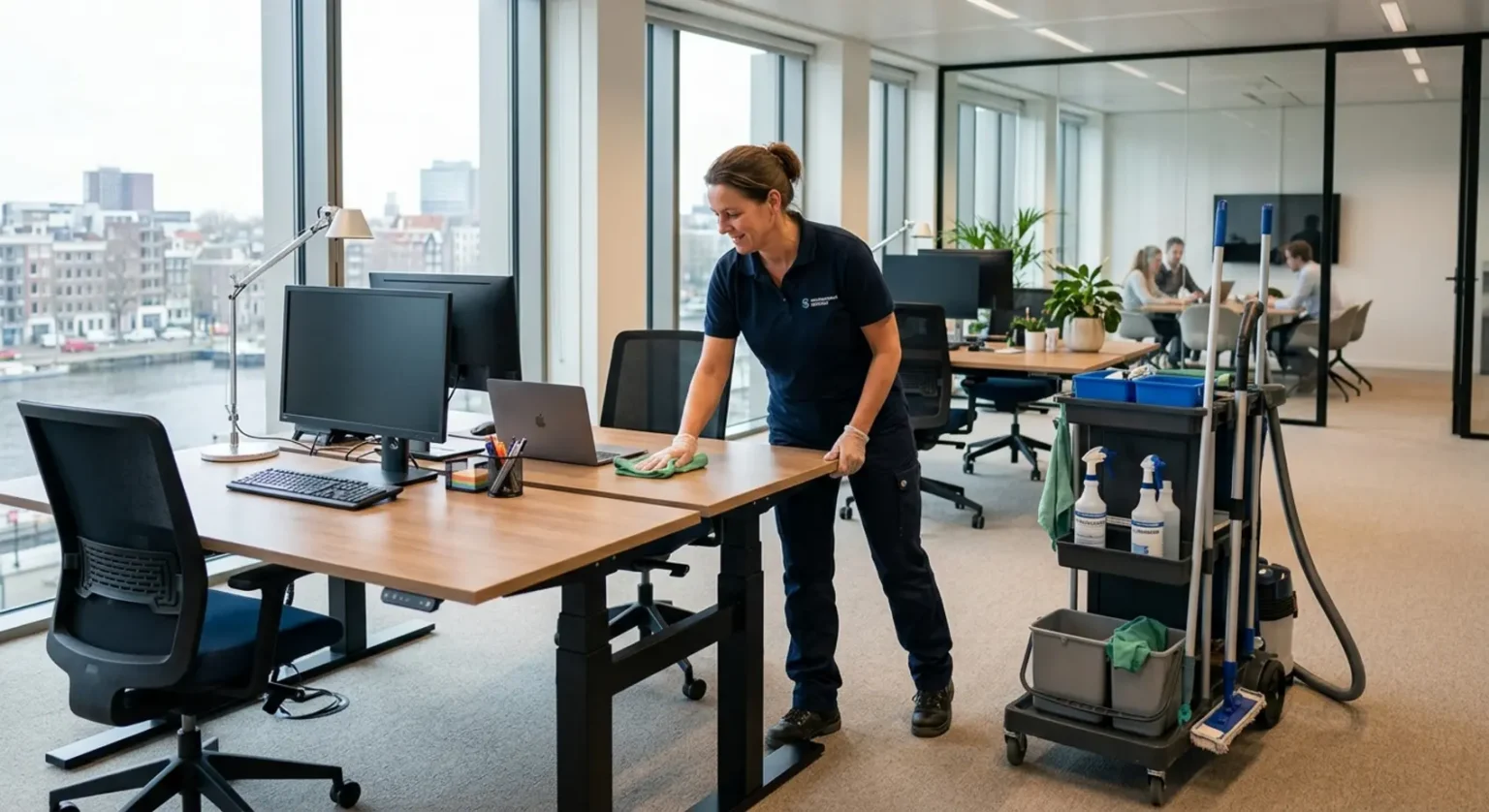 Een professional van Schoonmaakbedrijf De Toekomst voert vakkundig de periodieke schoonmaak van kantoren uit.