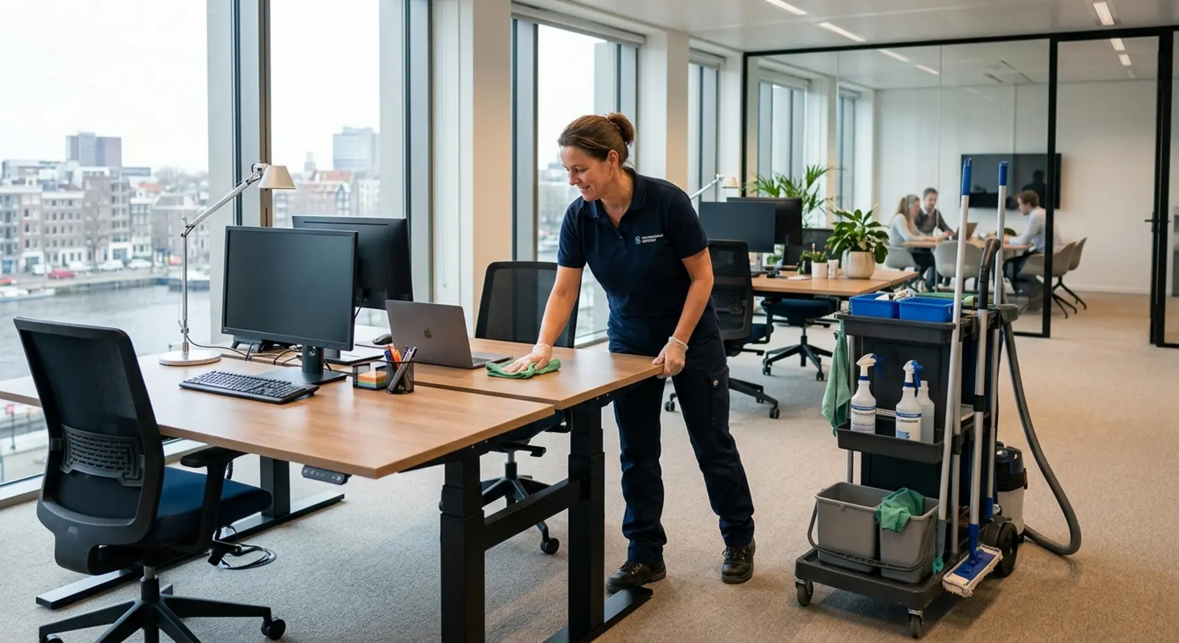 Een professional van Schoonmaakbedrijf De Toekomst voert vakkundig de periodieke schoonmaak van kantoren uit.