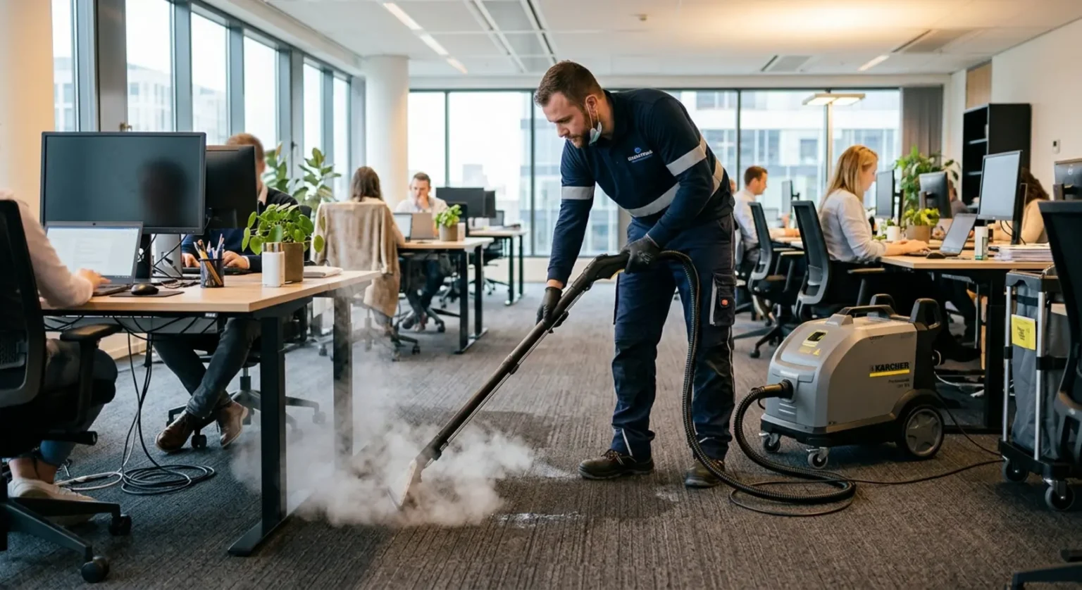 Een schoonmaakspecialist voert een grondige stoomreiniging uit in een industriële zakelijke omgeving.