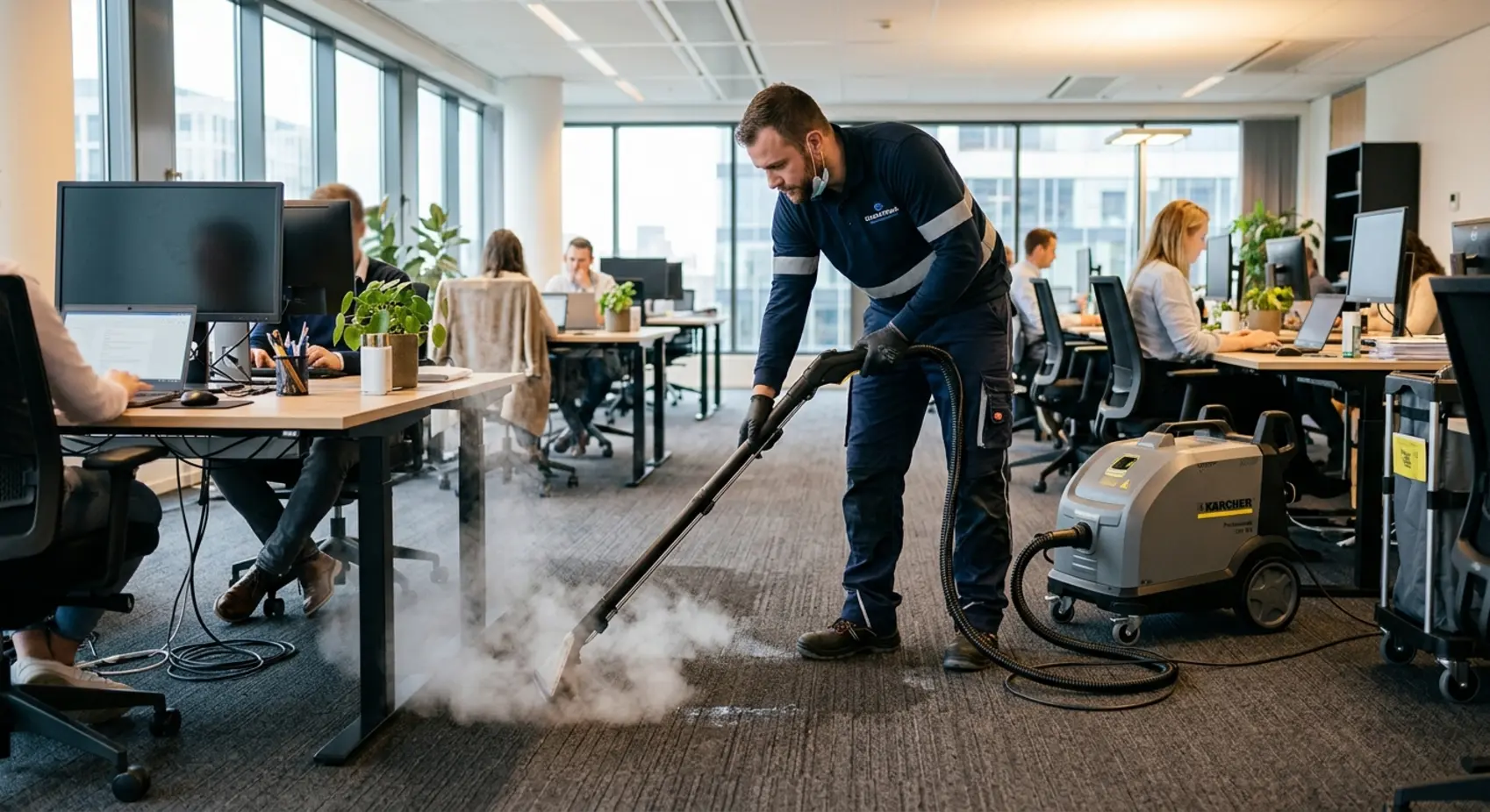 Een schoonmaakspecialist voert een grondige stoomreiniging uit in een industriële zakelijke omgeving.