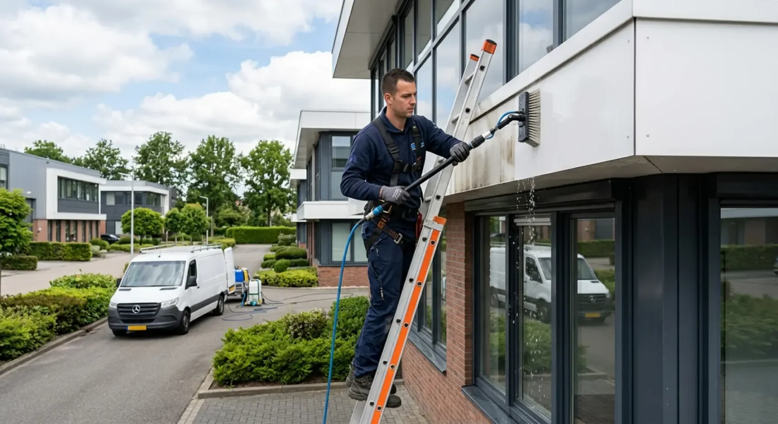 Een vakman van Schoonmaakbedrijf De Toekomst is op een veilige manier vanaf de grond bezig met boeidelen reinigen.