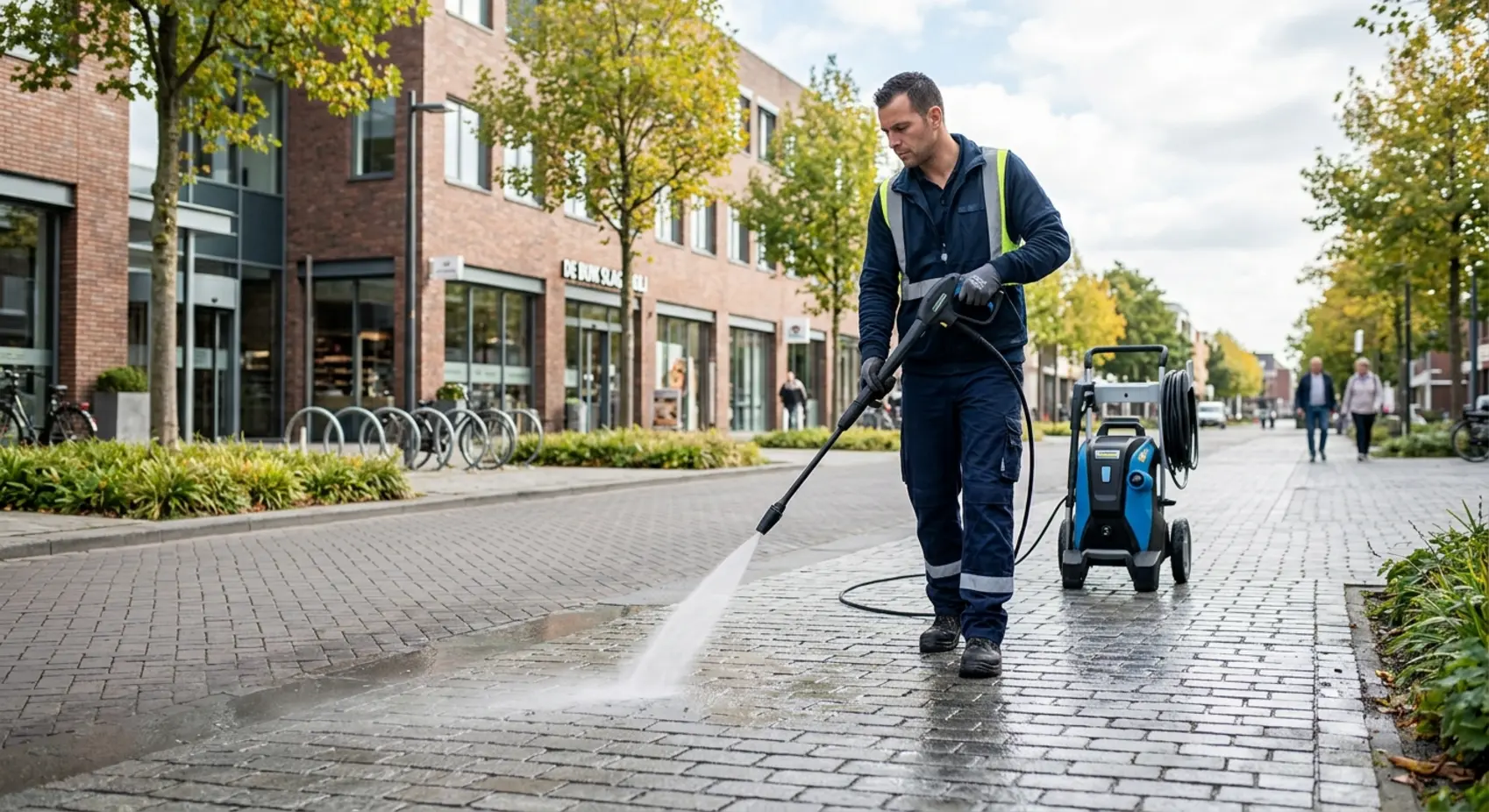 Een vakman van Schoonmaakbedrijf De Toekomst is bezig met veilig straatwerk reinigen op een zakelijk terrein.