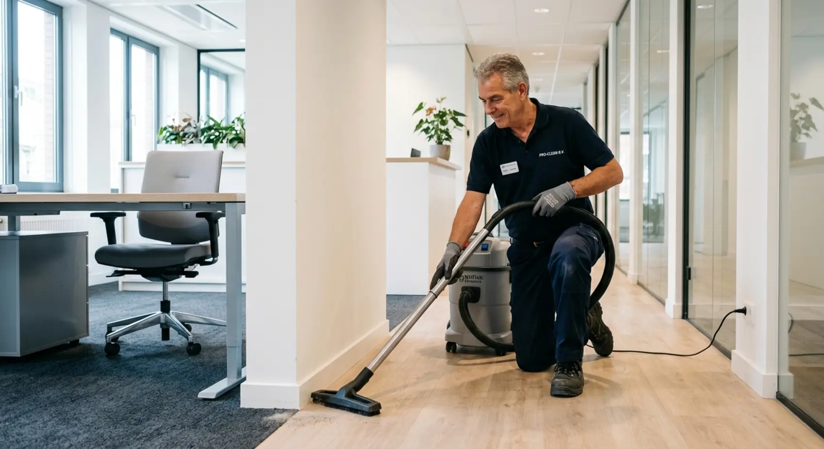Een specialist van Schoonmaakbedrijf De Toekomst voert een grondige oplevering schoonmaak uit in een pas gerenoveerd pand.